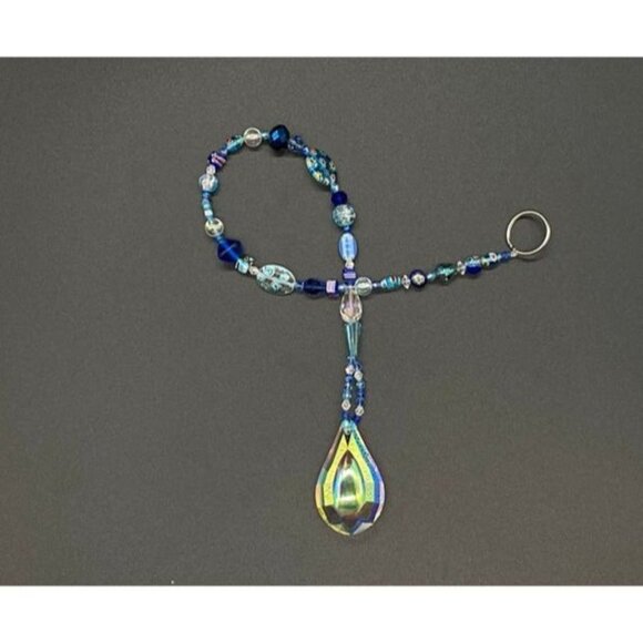 Beaded Suncatcher - Blue - Clear Crystal Prism - Indoor Outdoor Hanging Decor - Picture 6 of 14